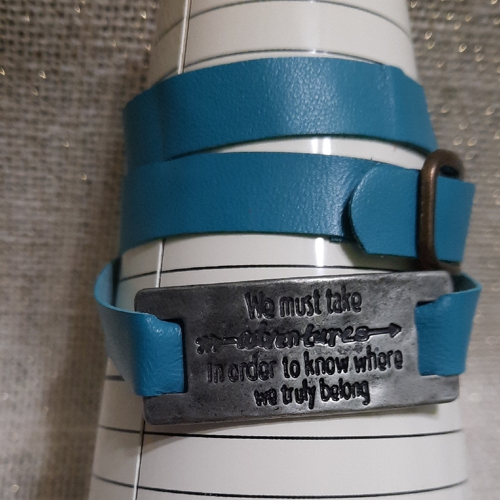 Blue Leather Wrap Bracelet with Engraved Inspirational Quote Plate Antique Silvr